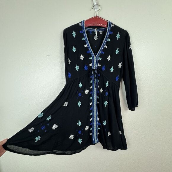 Free People Boho Star Gazer Peasant Babydoll Mini Tunic Dress Black Blue Small - Picture 10 of 16